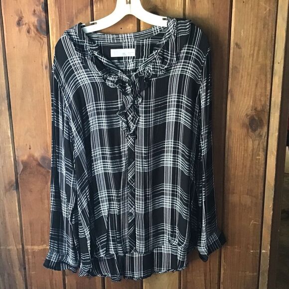 Time &  True Size XL Red/ Black  Plaid Long Sleeve Ruffles Button Long Sleeve - Picture 1 of 5